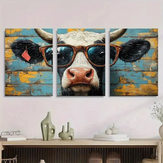 3pcs Rustic Cow with Glasses Modern Metal Print Ready to Hang Art