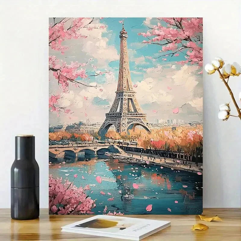 Painting of The Eiffel Tower in Paris Blooming Cherry 40x60cm Metal Print Ready to Hang