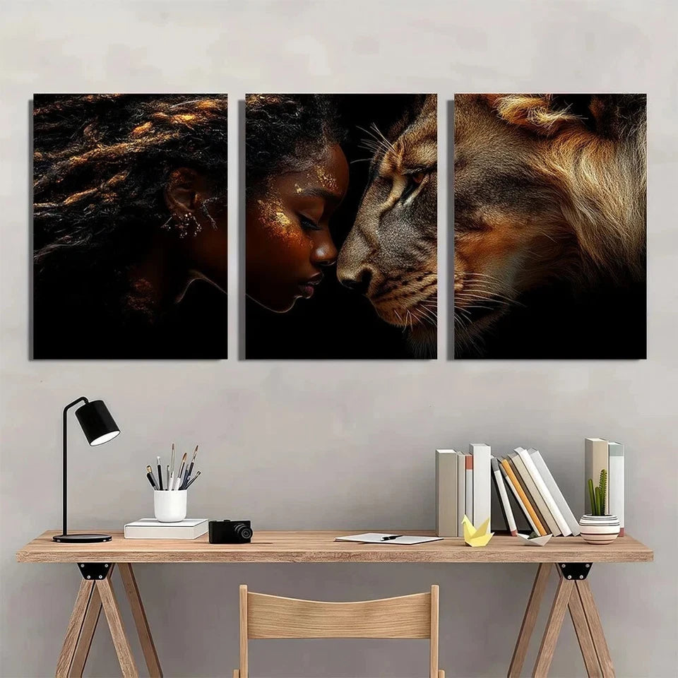 3pcs African Goddess and Lion Vibrant Metal Print Ready to Hang Art