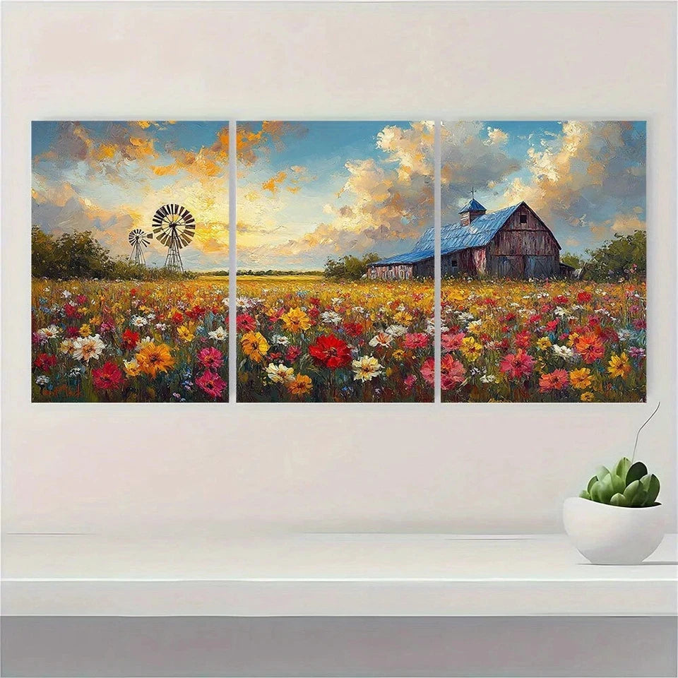 3pcs Vibrant Farm Barn Flower Field Windmill Metal Print Ready to Hang Art