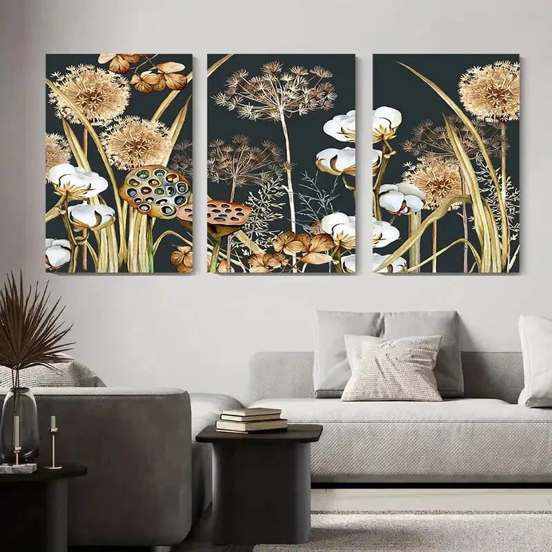 3pcs Abstract Floral Lotus Golden Flower Metal Print Ready to Hang Art