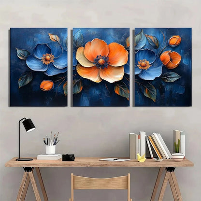 3pcs Vibrant Floral Blue & Orange Flowers Metal Print Ready to Hang Art