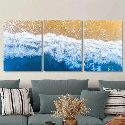 3pcs Coastal Ocean Wave Vibrant Blue & Golden Wall Art Set Canvas Unframed - High Quality Print 100% Australian Made Wall Canvas