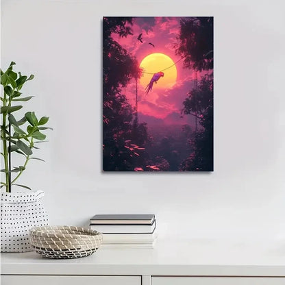 Parrot Swinging From Trees Under Glowing Painting 40x60cm Metal Print Ready to Han