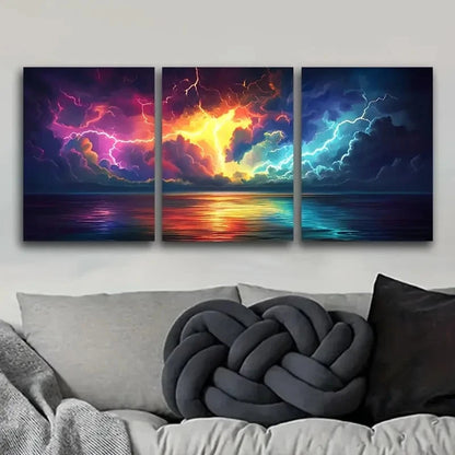 3pcs Colorful Lightning Storm Design Wall Art Set Canvas Framed 50x70cm - High Quality Print 100% Australian Made Wall Canvas Ready to Hang