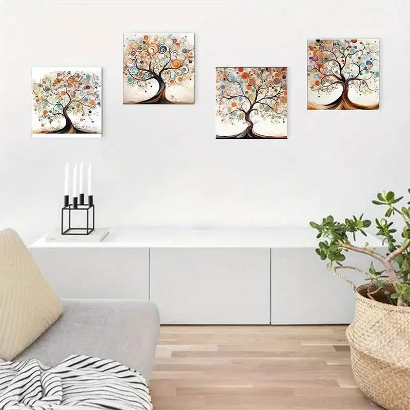 4pcs Vibrant Love Tree With Colorful Orbs & Swir  Wall Art Canvas Framed