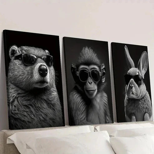 3pcs Beaver Monkey & Rabbit in Glasses Wall Art Canvas Unframed – High Quality Print 100% Australian Made Wall Canvas