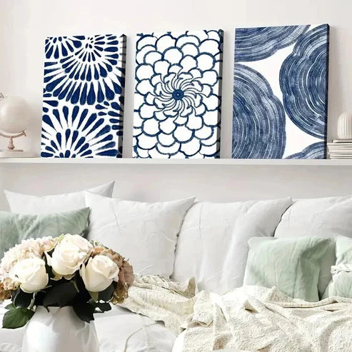 3pcs Abstract Geometric Navy Blue Floral Design Wall Art Canvas Unframed - High Quality Print 100% Australian Made Wall Canvas