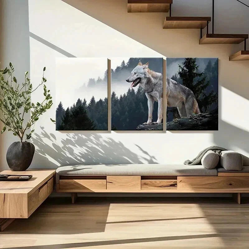 3pcs Wolf on a Rock Top in a Forest Wall Art Set Canvas Framed 40x60cm - High Quality Print 100% Australian Made Wall Canvas Ready to Hang