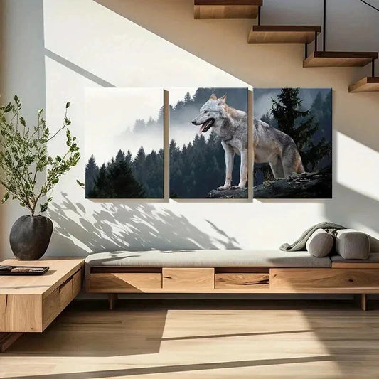 3pcs Wolf on a Rock Top in a Forest Wall Art Set Canvas Framed 40x60cm - High Quality Print 100% Australian Made Wall Canvas Ready to Hang