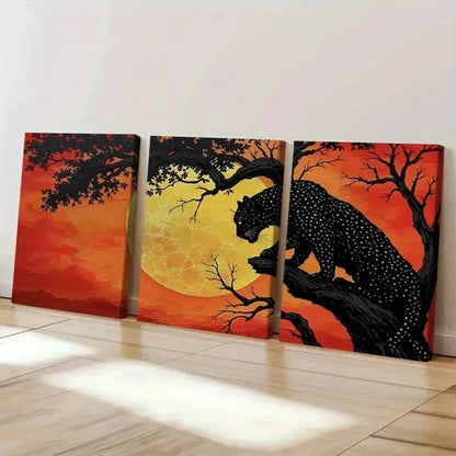 3pcs Black Leopard & Silhouetted Trees in Sunset Art Set Canvas Unframed - High Quality Print 100% Australian Made Wall Canvas