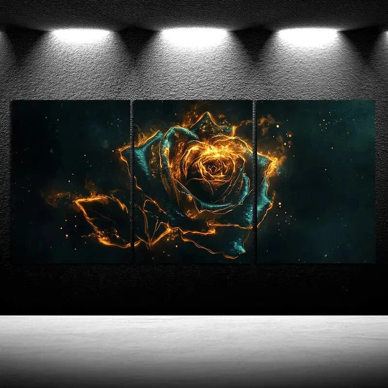 3pcs Beautiful Roses Stunning Golden Blue Themed Metal Print Ready to Hang Art