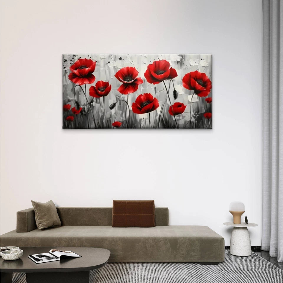 Red Poppies Black White Wall Art Canvas Office Home Room Framed 120x60cm