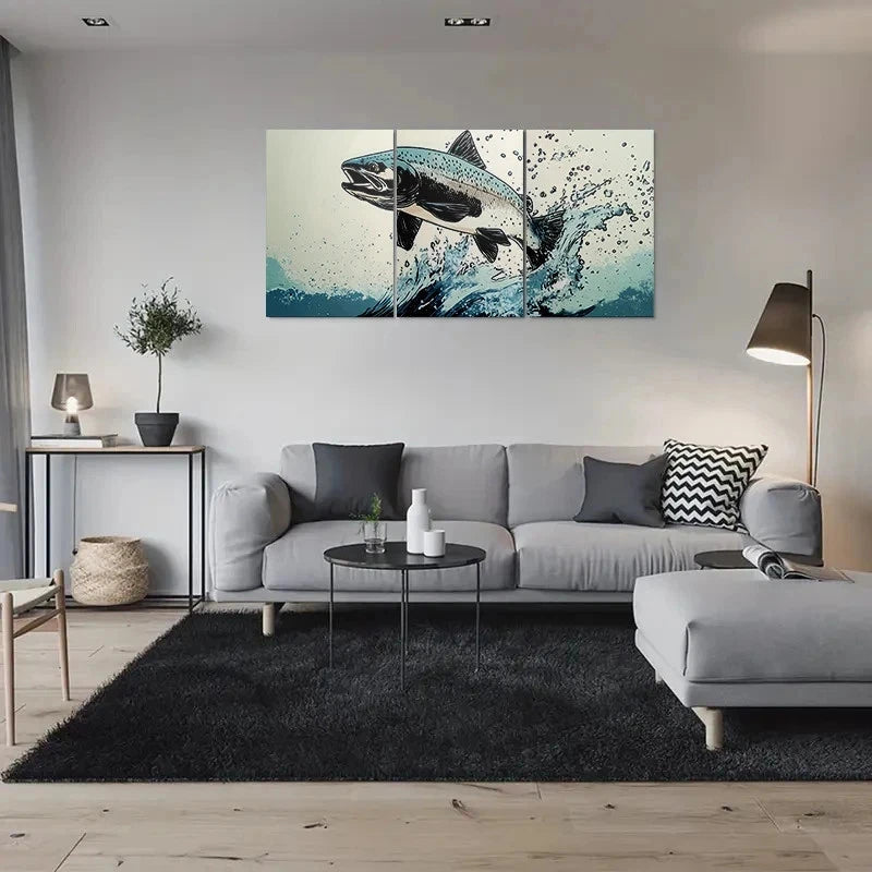 3pcs Dynamic Fish Jumping Painting Metal Print Ready to Hang Art