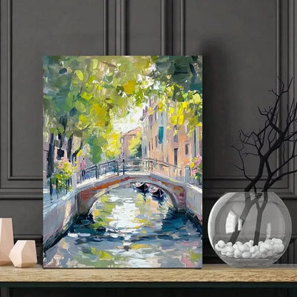 Venice Canal, A Small Bridge with Flowers Painting 40x60cm Metal Print Ready to Hang