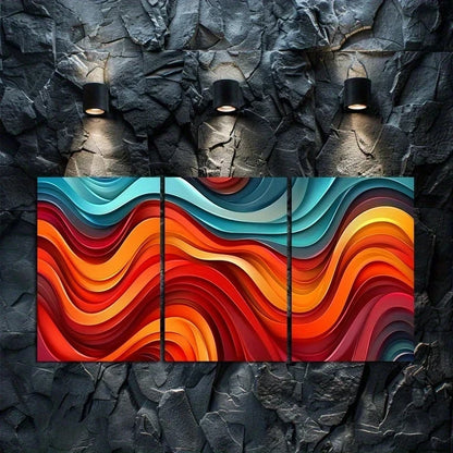3pcs Vibrant Red, Blue & Orange Abstract Wave Metal Print Ready to Hang Art