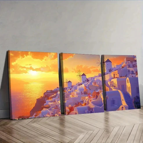 3pcs Beautiful Santorini Sunset View Perfect Wall Art Set Canvas Unframed - High Quality Print 100% Australian Made Wall Canvas
