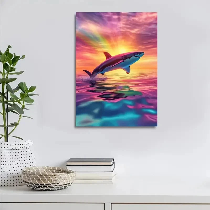 Vibrant Colors Scene of Shark Jumping Joyfully 40x60cm Metal Print Ready to Hang