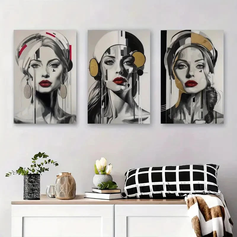 3pcs Elegant Women with Bold Red Lips Metal Print Ready to Hang Art