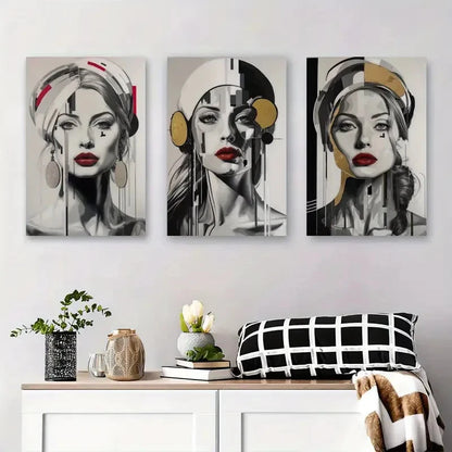 3pcs Elegant Women with Bold Red Lips Metal Print Ready to Hang Art