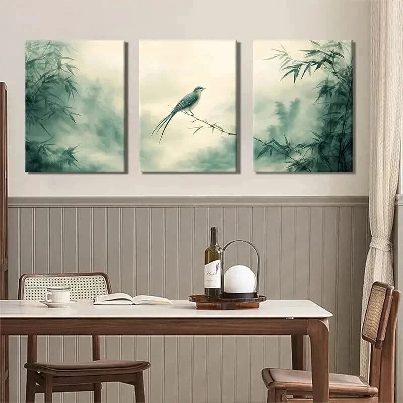 3pcs Serene Bamboo and Bird Nature Perfect Wall Art Set Canvas Framed 40x60cm - High Quality Print 100% Australian Made Wall Canvas Ready to Hang