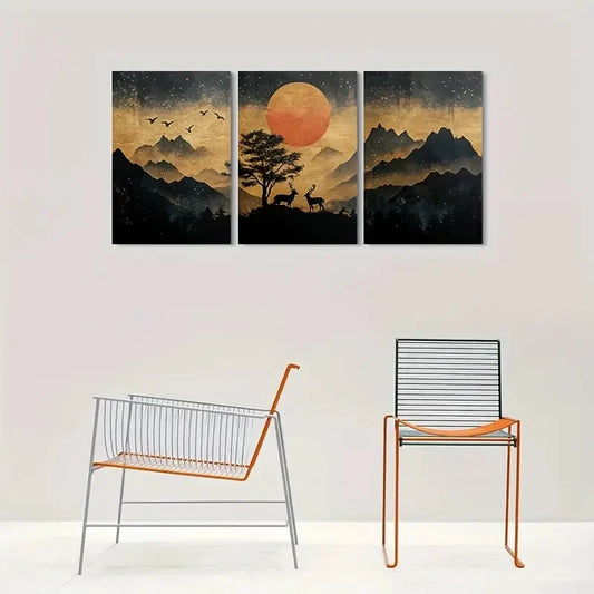 3pcs Golden Sunset Mountain Moonlit Sky Metal Print Ready to Hang Art