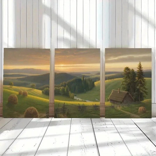 3pcs Cabin, Sunset, River, Pine Trees  Wall Art Set Canvas Framed 40x60cm - High Quality Print 100% Australian Made Wall Canvas Ready to Hang