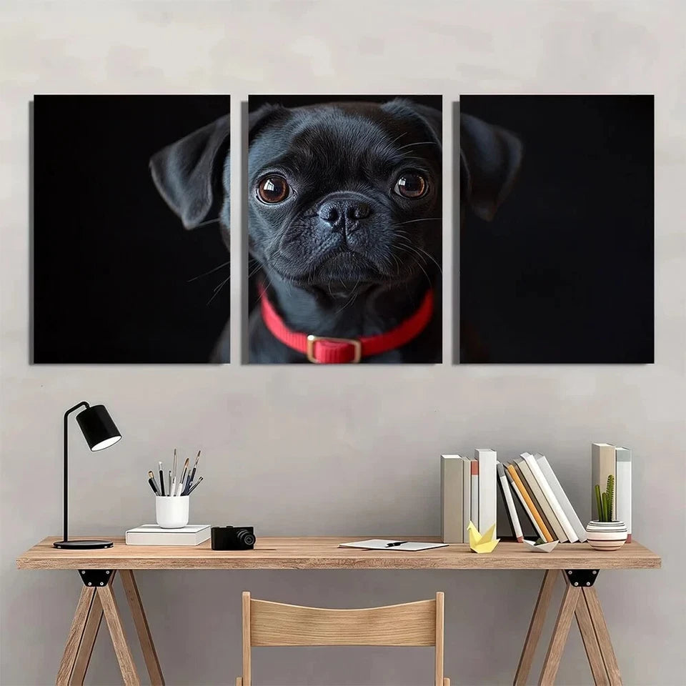 3pcs Black Pug Elegant Red Belt Metal Print Ready to Hang Art