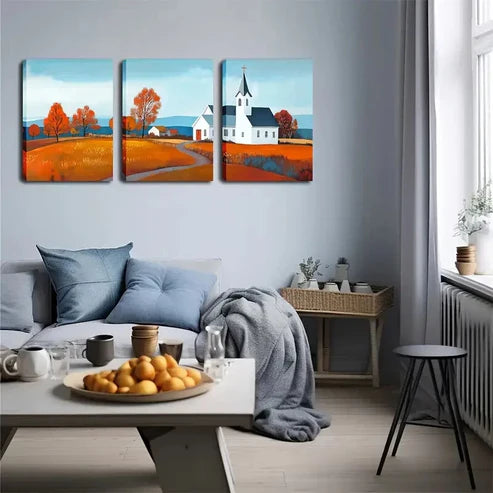 3pcs Countryside Scene with Church & Orange Wall Art Canvas Unframed - High Quality Print 100% Australian Made Wall Canvas