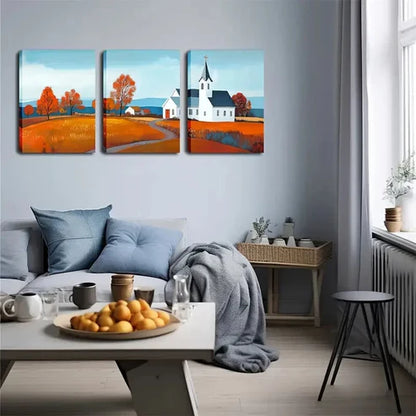 3pcs Countryside Scene with Church & Orange Wall Art Canvas Unframed - High Quality Print 100% Australian Made Wall Canvas