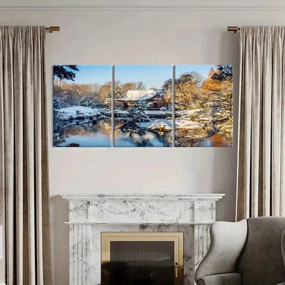 3pcs Snow Scene Cabin Tree Pond Wall Art Set Canvas Framed 40x60cm - High Quality Print 100% Australian Made Wall Canvas Ready to Hang