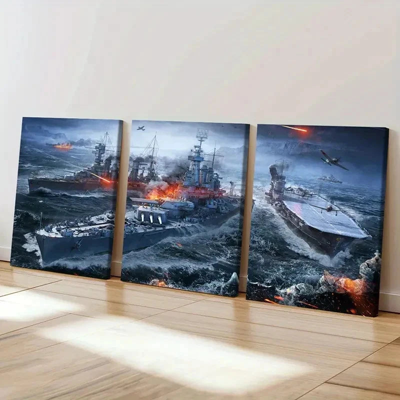 3pcs Military Theme Aircraft Carrier War Wall Art Set Canvas Framed 60x90cm - High Quality Print 100% Australian Made Wall Canvas Ready to Hang