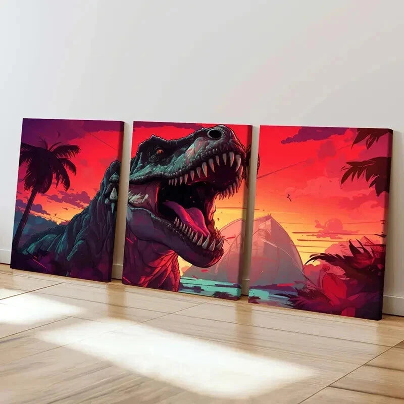 3pcs Vibrant T-Rex & Prehistoric Jungle Scene Wall Art Set Canvas Framed 40x60cm - High Quality Print 100% Australian Made Wall Canvas Ready to Hang