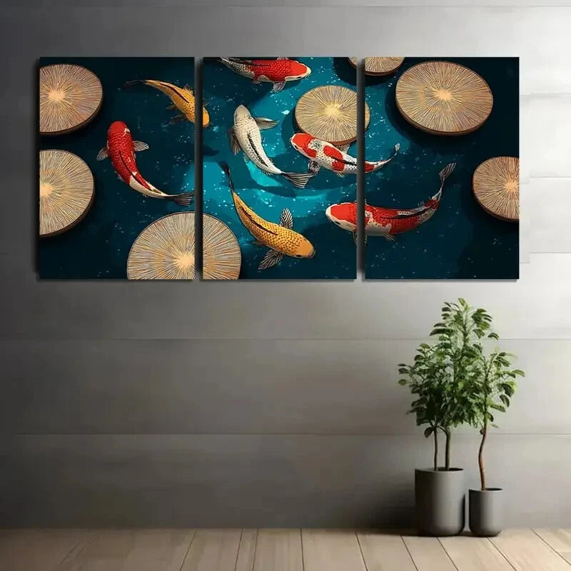 3pcs Colorful Koi Fish Swimming Metal Print Ready to Hang Art