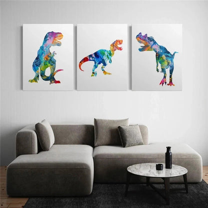 3pcs Colorful Watercolor Dinosaur Vibrant Metal Print Ready to Hang Art