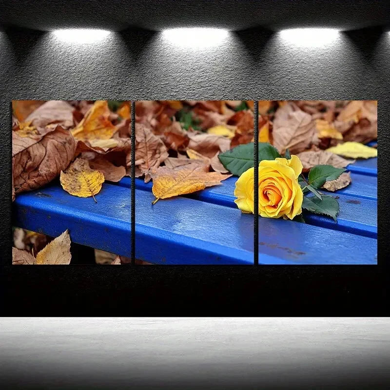 3pcs Yellow Rose on the Bench Metal Print Ready to Hang Art