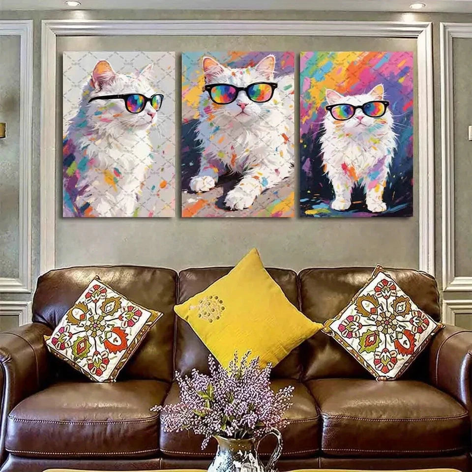 3pcs Chic White Cats with Glasses Metal Print Ready to Hang Art