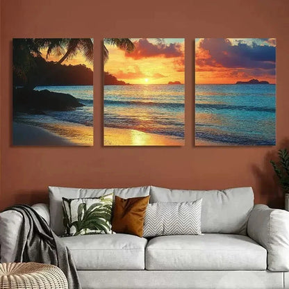 3pcs Palm Tree Beach Sunset Vibrant Tropical Metal Print Ready to Hang Art