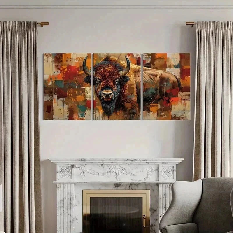 3pcs Abstract Bison Vibrant Color Bold Lines Metal Print Ready to Hang Art