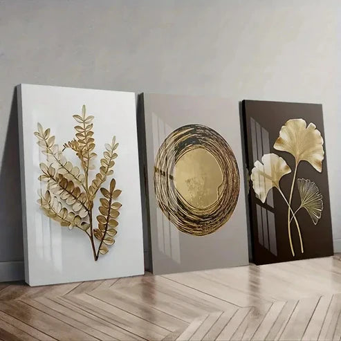3pcs Golden Leaf Modern Abstract Wall Art Set Canvas Unframed - High Quality Print 100% Australian Made Wall Canvas