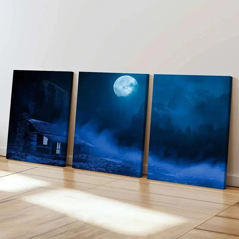 3pcs Moon Trees Mountains Thatched House Wall Art Set Canvas Framed 40x60cm - High Quality Print 100% Australian Made Wall Canvas Ready to Hang