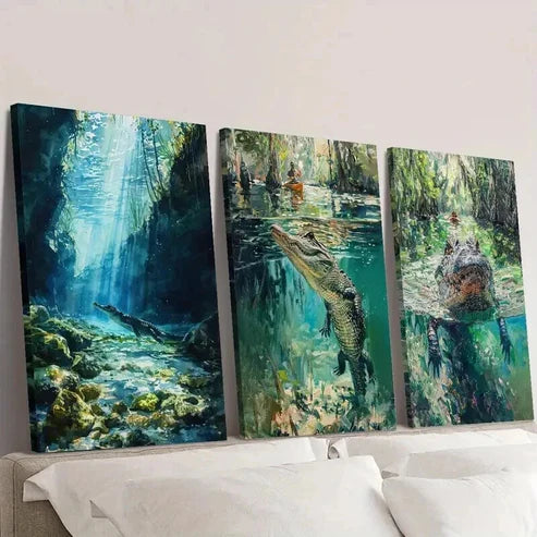 3pcs Rainforest Crocodiles in Freshwater Wall Art Canvas Unframed - High Quality Print 100% Australian Made Wall Canvas