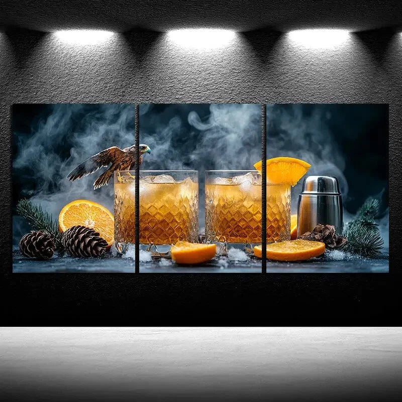 3pcs Pinecone And Orange Juice Metal Print Ready to Hang Art