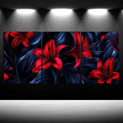 3pcs Beautiful Flowers Modern Red & Blue Leaves Metal Print Ready to Hang Art