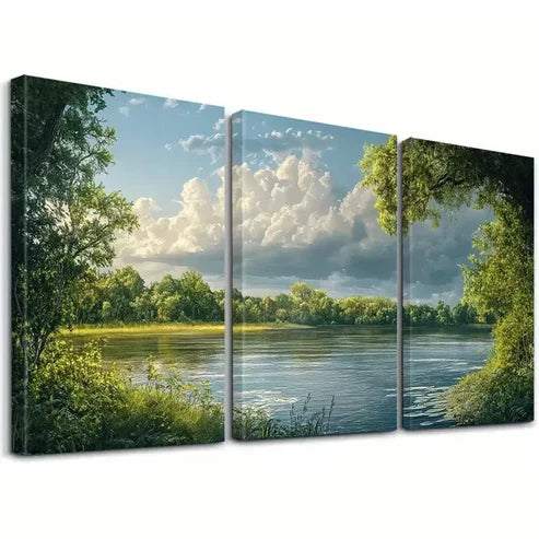3pcs Serene River & Clouds And Green Nature Wall Art Set Canvas Framed 60x90cm - High Quality Print 100% Australian Made Wall Canvas Ready to Hang