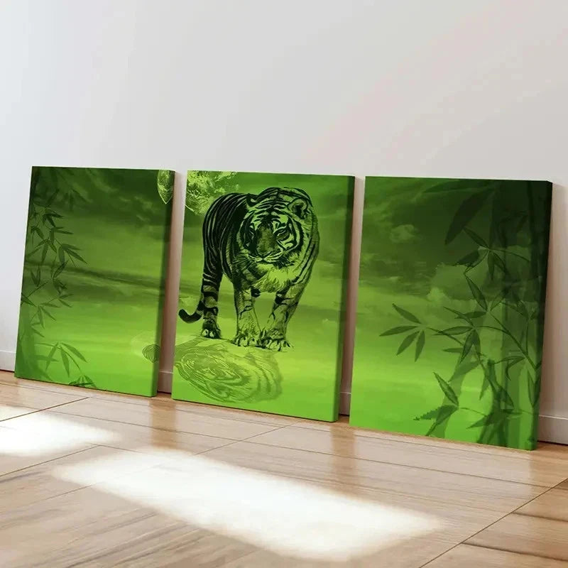 3pcs Vibrant Green Tiger screened Design Wall Art Set Canvas Framed 40x60cm - High Quality Print 100% Australian Made Wall Canvas Ready to Hang