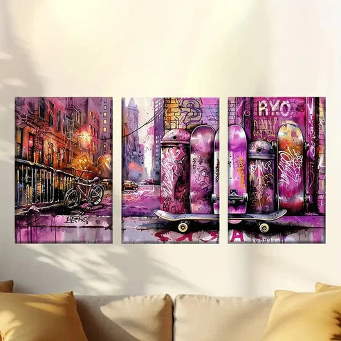 3pcs Colorful Abstract Skateboard Art Wall Art Canvas Unframed - High Quality Print 100% Australian Made Wall Canvas