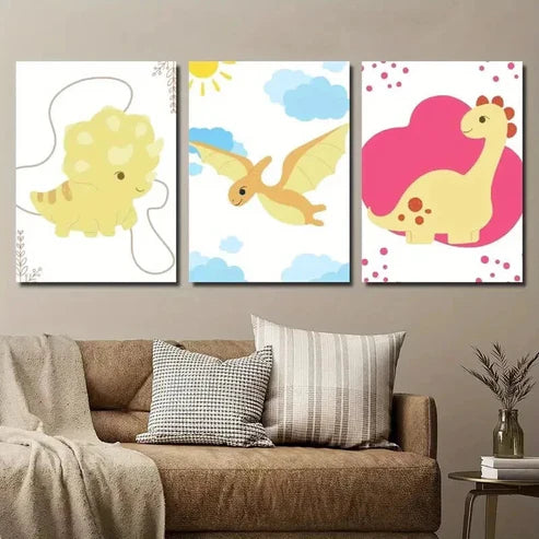 3pcs Cute Cartoon Dinosaur Art Flying Dinosaur Wall Art Set Canvas Unframed - High Quality Print 100% Australian Made Wall Canvas