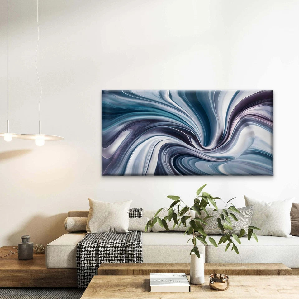 Blue White Abstract With Waves Wall Art Canvas Office Home Room Framed 120x60cm