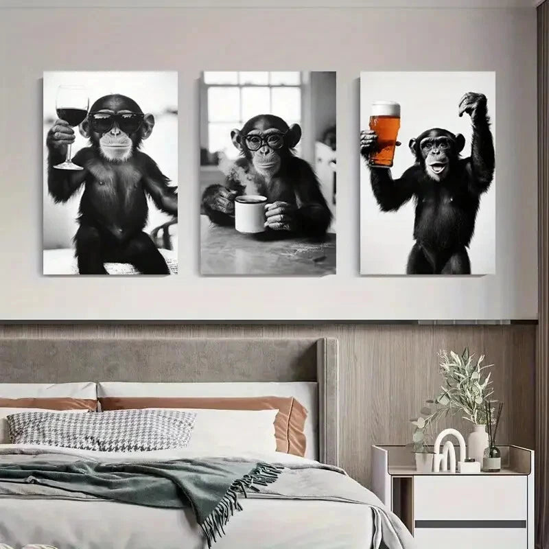 3pcs Black and White Monkey with Drinks, Metal Print Ready to Hang Art